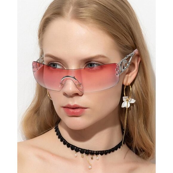 Rimless Y2K Rectangle Light Pink Sunglasses Women and Men Vintage Retro Eyewear - Picture 2 of 6